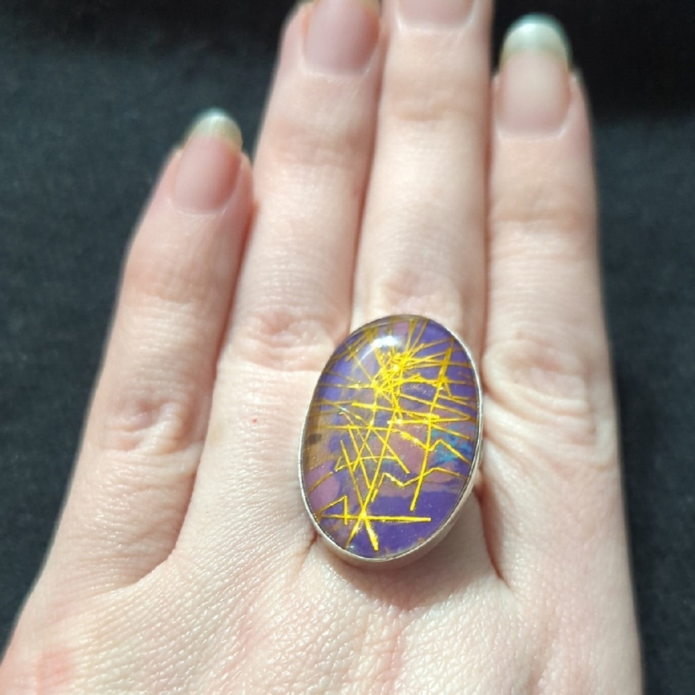 Silver Plated Golden Rutile Over Purple Mojave Turquoise Oval Statement Ring - 8